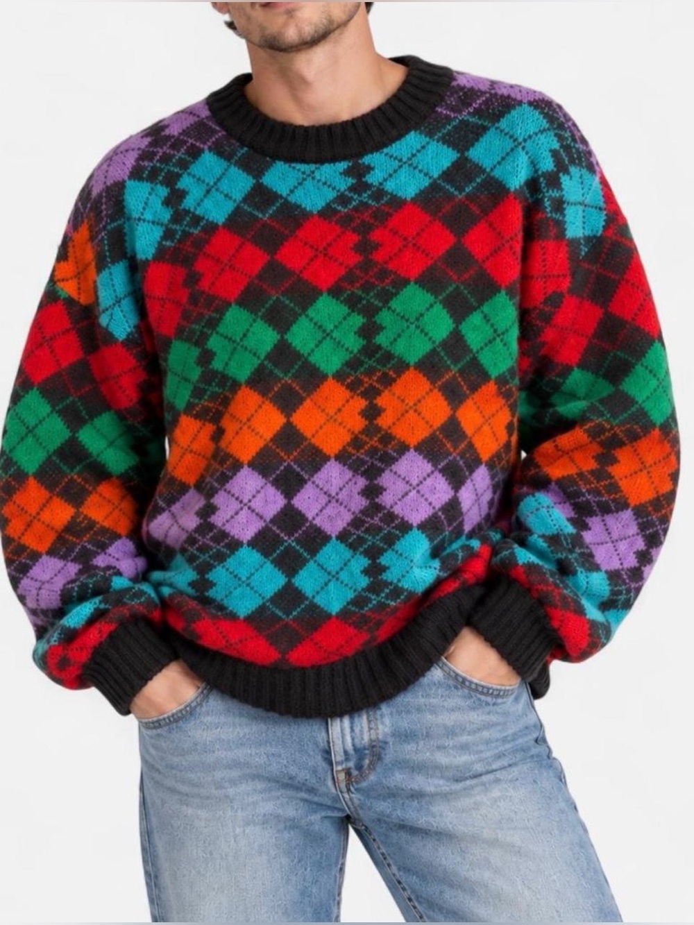 Vintage 80s Wool Blend Multicolor Argyle Crewneck Retro Grandpa Sweater Size L